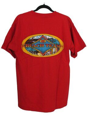 Vintage Red Beach Team Double Sided Short Sleeve Shirt Mens Size M